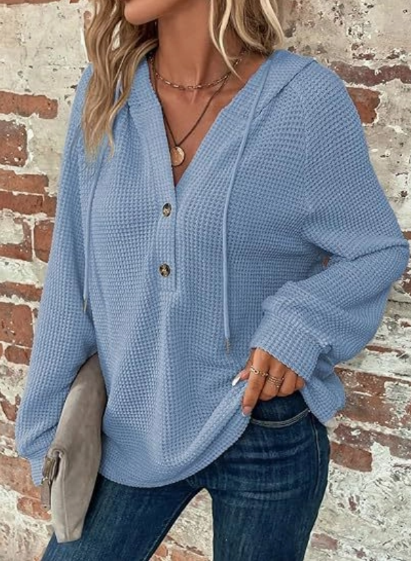 Waffle Knit Drawstring Button Hoodie - Blue