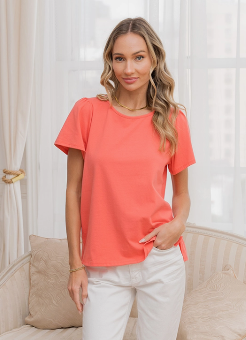 Round Neck Short Sleeve Top - Coral