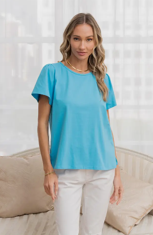 Round Neck Short Sleeve Top - Turquoise