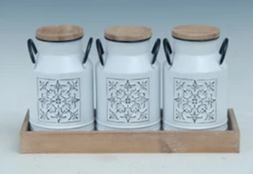 Set of 3 Metal Jars w/ Tray