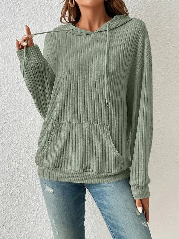 Soft Cozy Rib Drawstring Loose Basic Hoodie | Sage Green