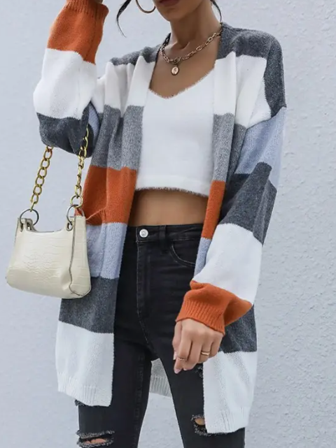 Striped Knitted Jacket Midi Sweater Cardigan | Gray