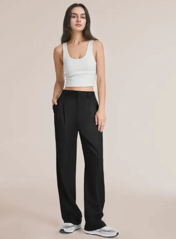 Ladies Solid Color High Waist Straight Leg Pants - Black