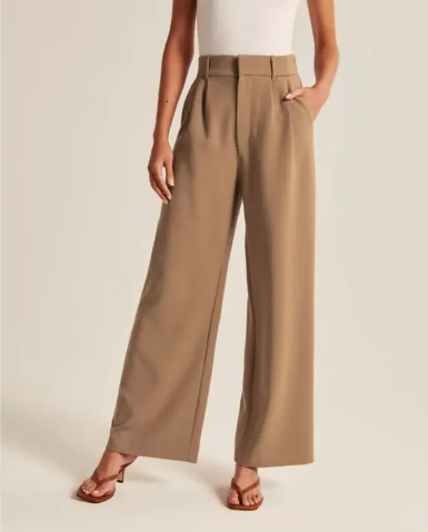 Ladies Solid Color High Waist Straight Leg Pants - Khaki