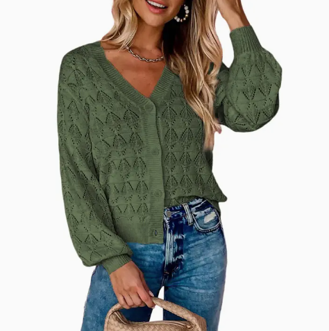 Ladies Solid Color Long Sleeves V-Neck Knit Top - Green