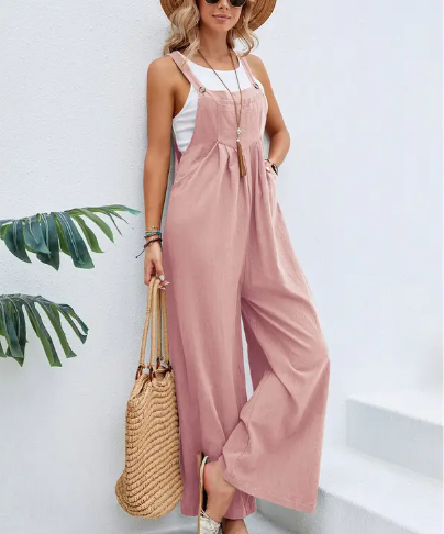 Solid Color Botton Strape Overalls Daily Jumpsuit - Pink