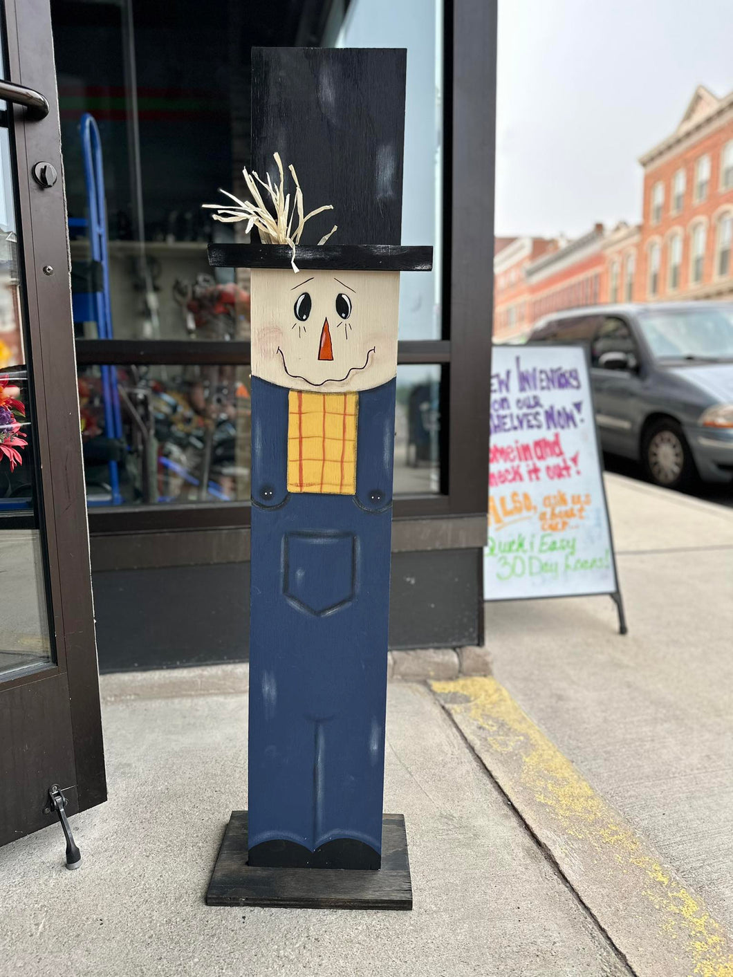 Blue Overall Wooden Handmade Scarecrow - LOCAL PICK UP ONLY