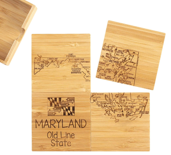 Maryland State Puzzle 4 Piece Bamboo Coaster Set with Case