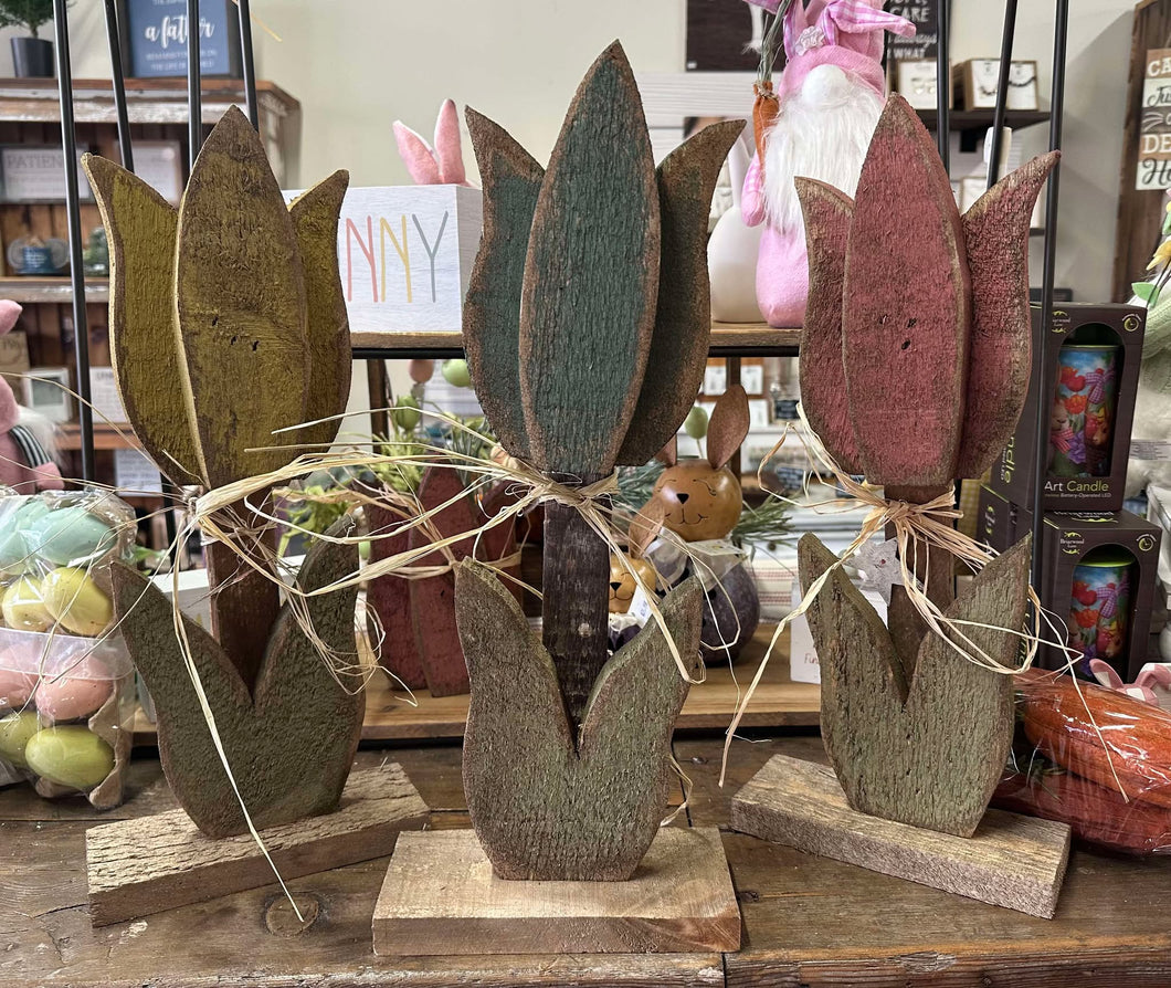 Rustic Handcrafted Wooden Tulip on Base
