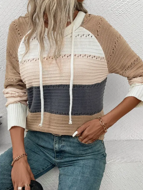 V-Neck Hooded Color-Block Knitted Long-Sleeved Top