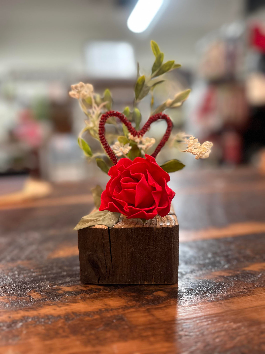 Wood Block Valentine's Day Floral Arrangement