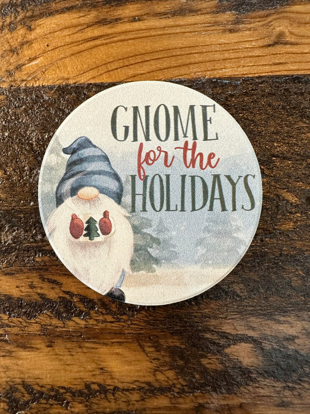 Gnome for the Holidays Round Car Coaster