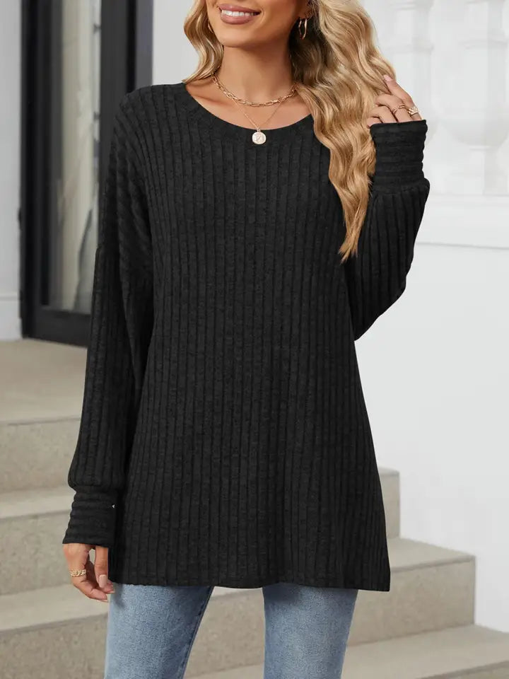 Casual Long-Sleeved Loose Crewneck T-Shirt Top - Black