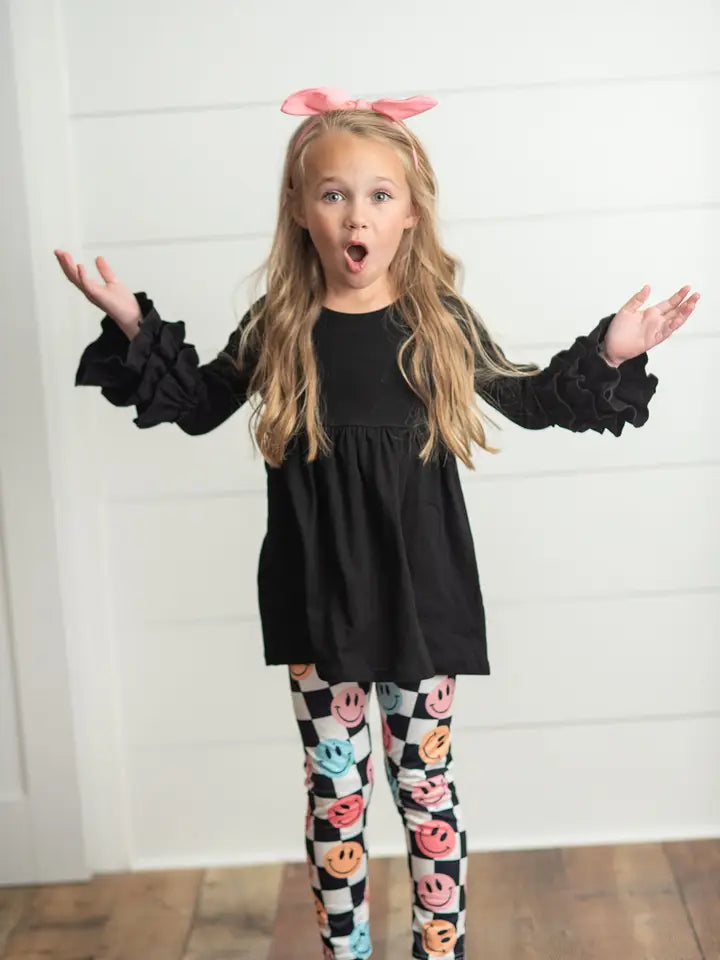 Kids Black & White Check Smiley Face Ruffle Top Leggings Set