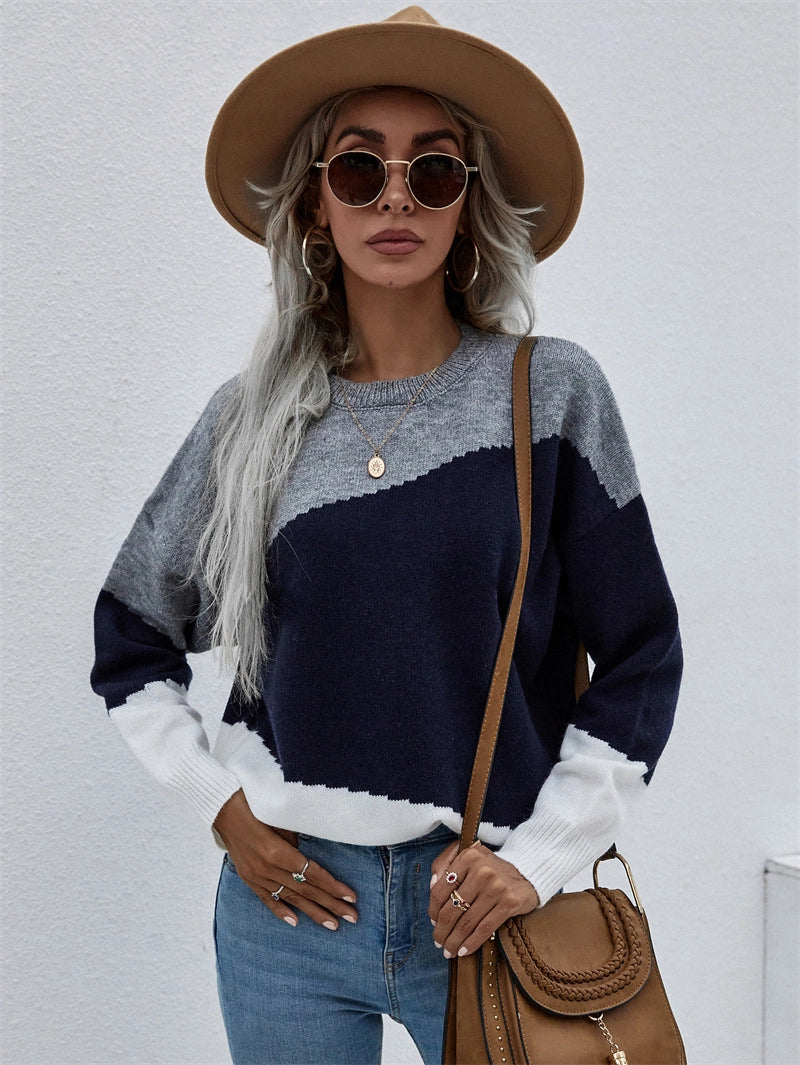 Round-Neck Striped Contrasting Knit Sweater