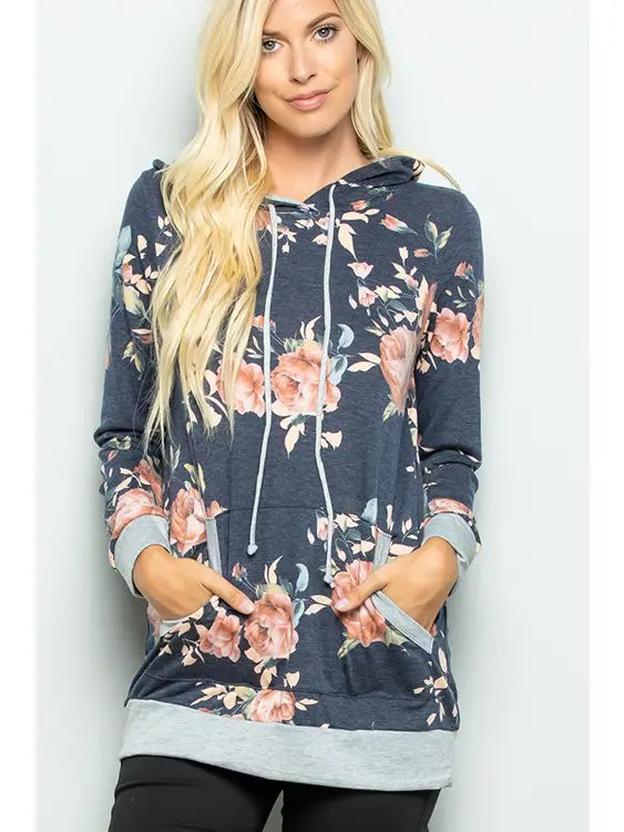 Floral Print Contrast Hoodie - Navy