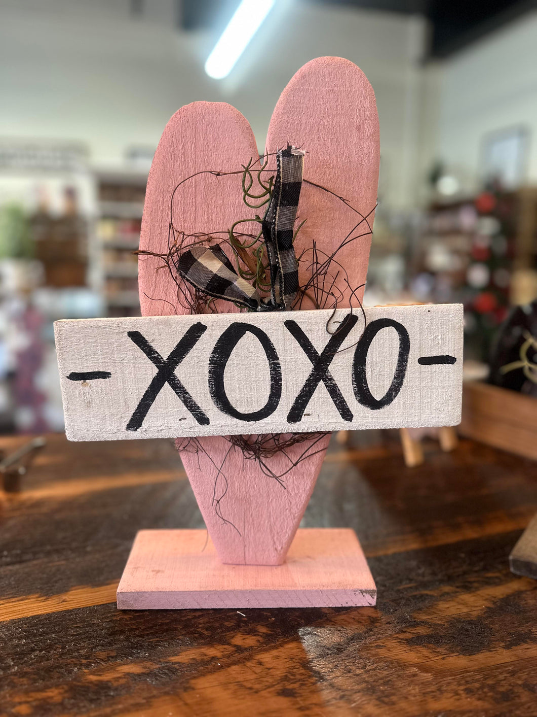 Handcrafted XOXO Wooden Pink Heart on Base