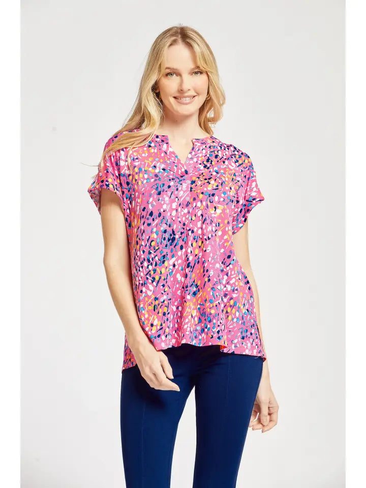 Coral Multi Lizzy Dolman Short Sleeve Wrinkle Free Top