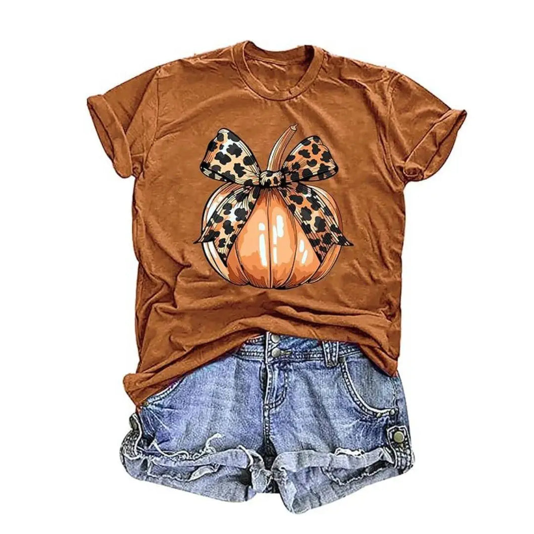 Leopard Print Bow Pumpkin T-Shirt