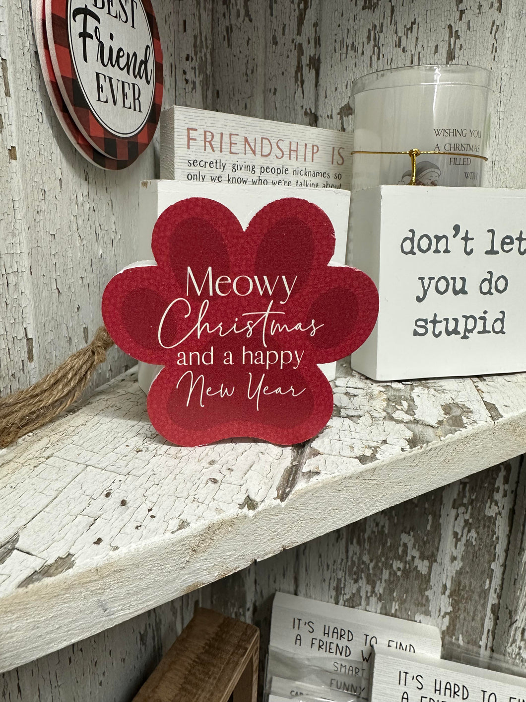 Meowy Christmas and a happy New Year Paw Print Shaped Sign