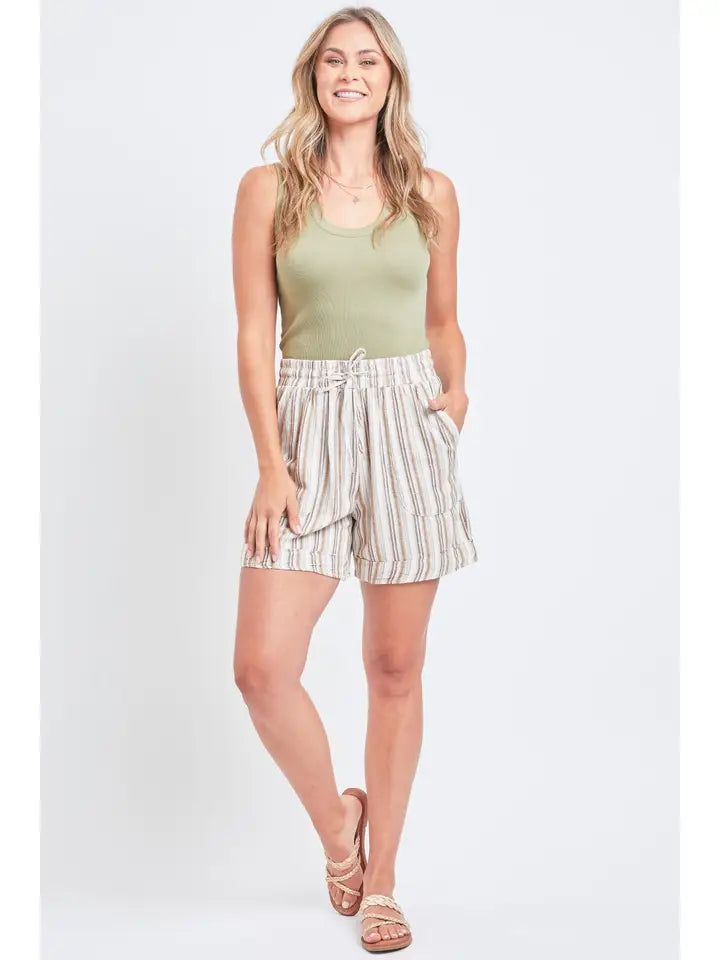 Pull On Cuffed Shorts - Natural/Brown Stripe