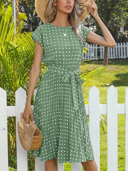 Sleeveless Polka Dot Pleated Dress - Sage Green