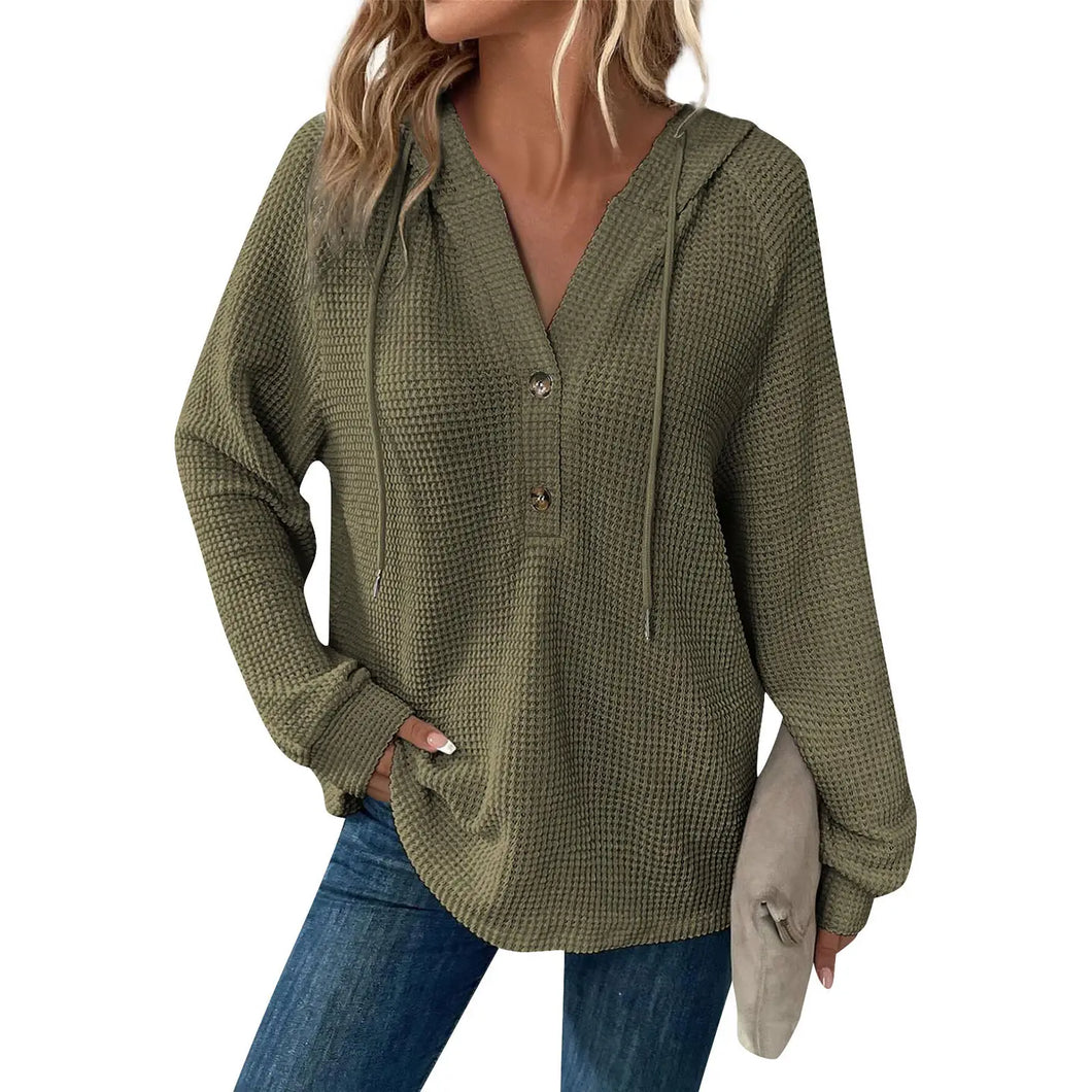 Solid Long-Sleeved Waffle Hooded Sweatshirt | Military Green
