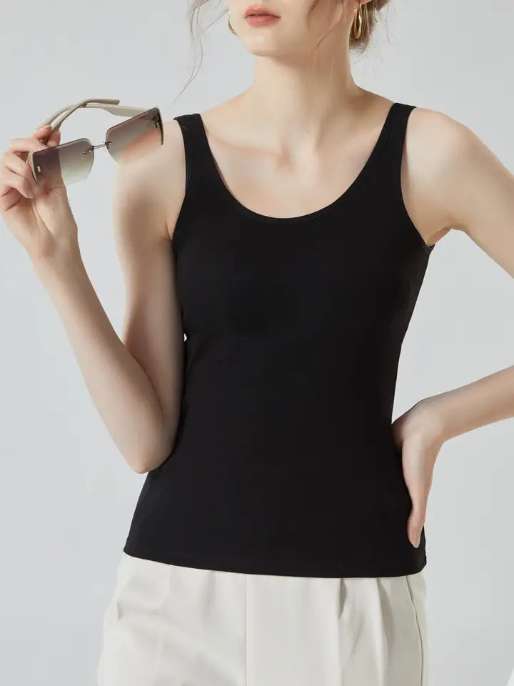 Spoon Neck Low Back Built-in Bra Tank Top Black